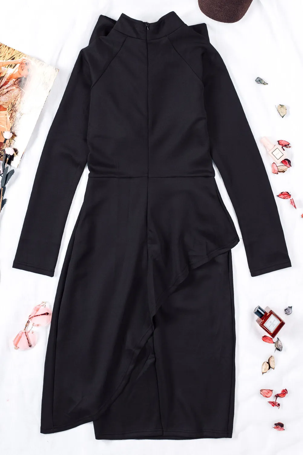 Black Royal Blue Asymmetric Peplum Style Pussy Bow Dress