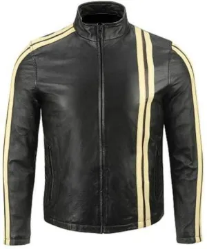Black with Cream Stripes Leather Jacket