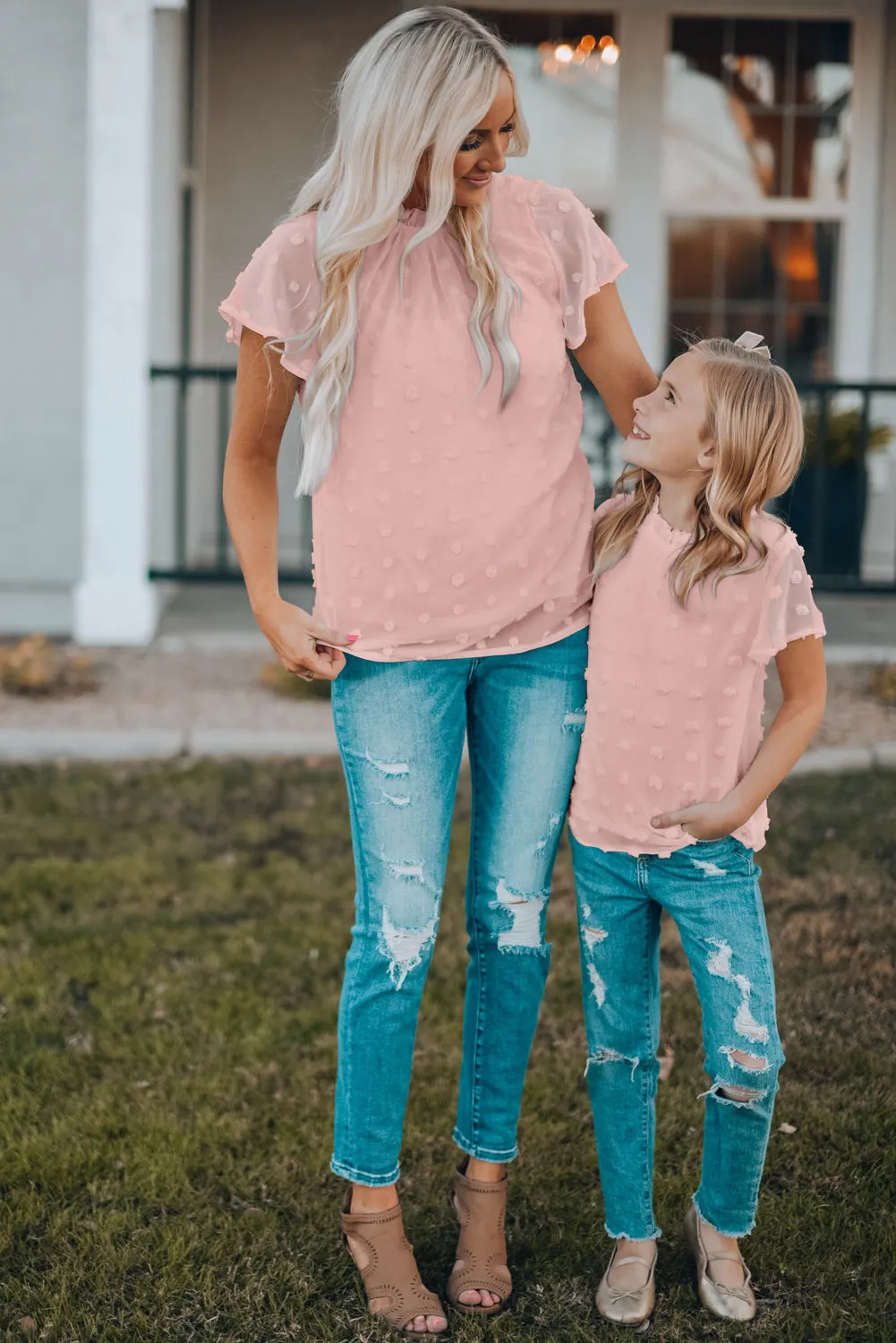 Blush Pink Ruffled Sleeve Swiss Dot T-shirts