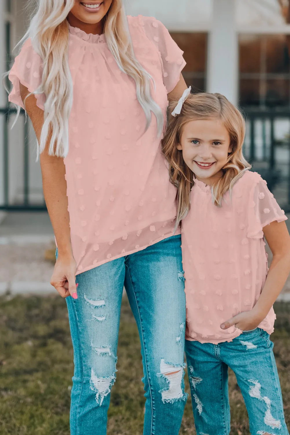 Blush Pink Ruffled Sleeve Swiss Dot T-shirts
