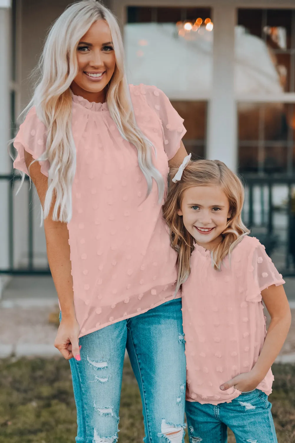 Blush Pink Ruffled Sleeve Swiss Dot T-shirts