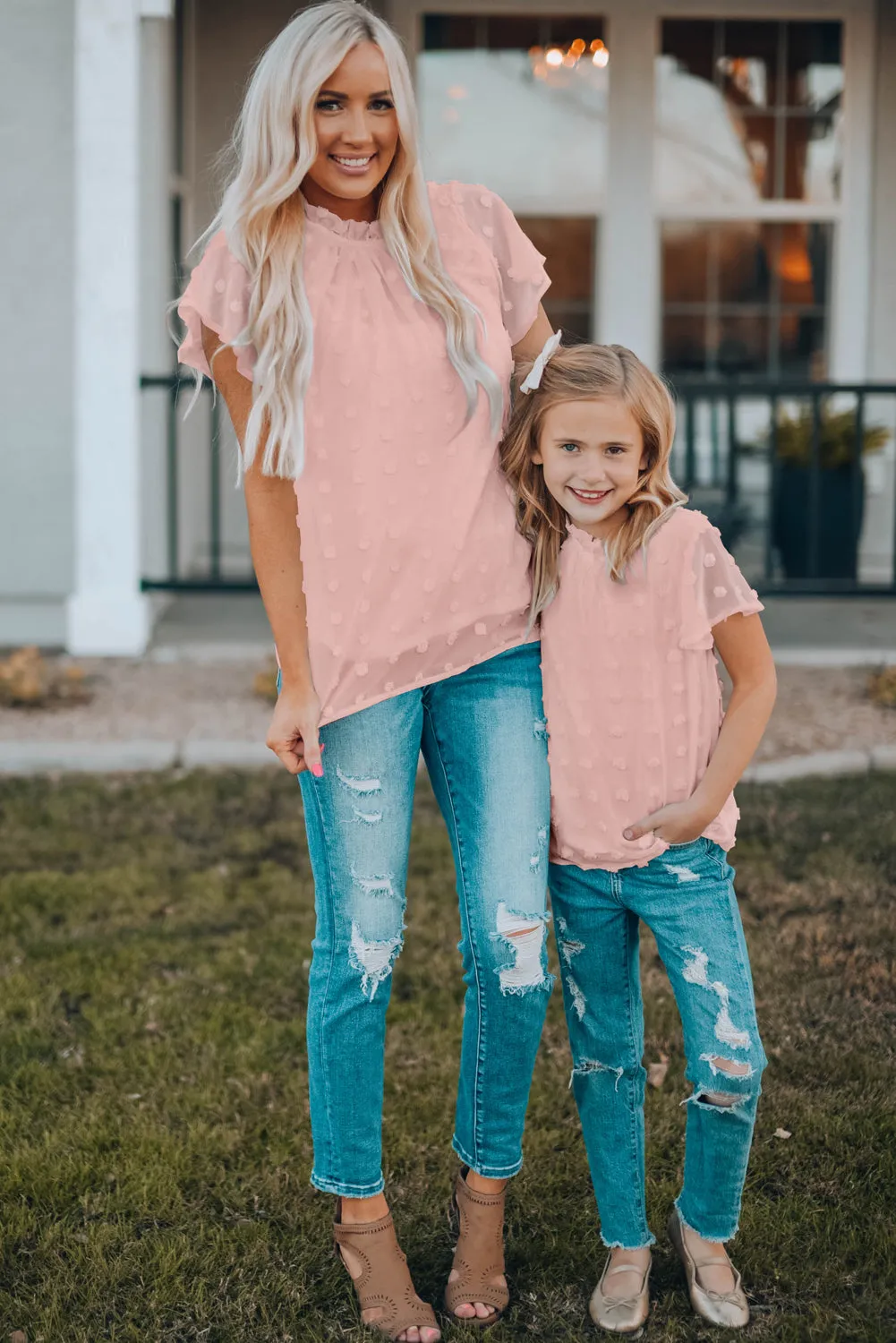 Blush Pink Ruffled Sleeve Swiss Dot T-shirts