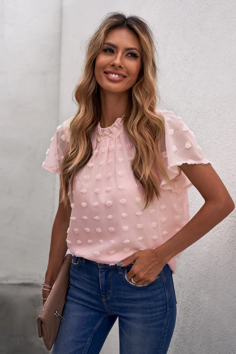 Blush Pink Ruffled Sleeve Swiss Dot T-shirts