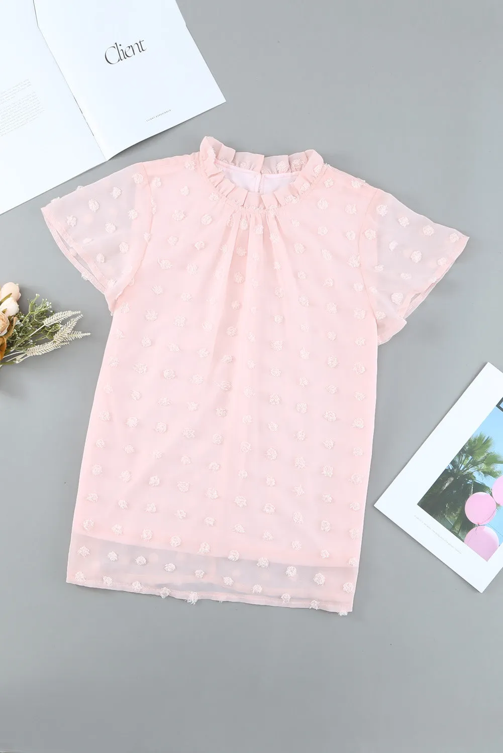 Blush Pink Ruffled Sleeve Swiss Dot T-shirts