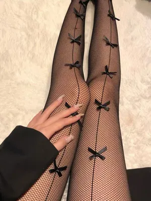 Bow Decor Fishnet Tights -Black