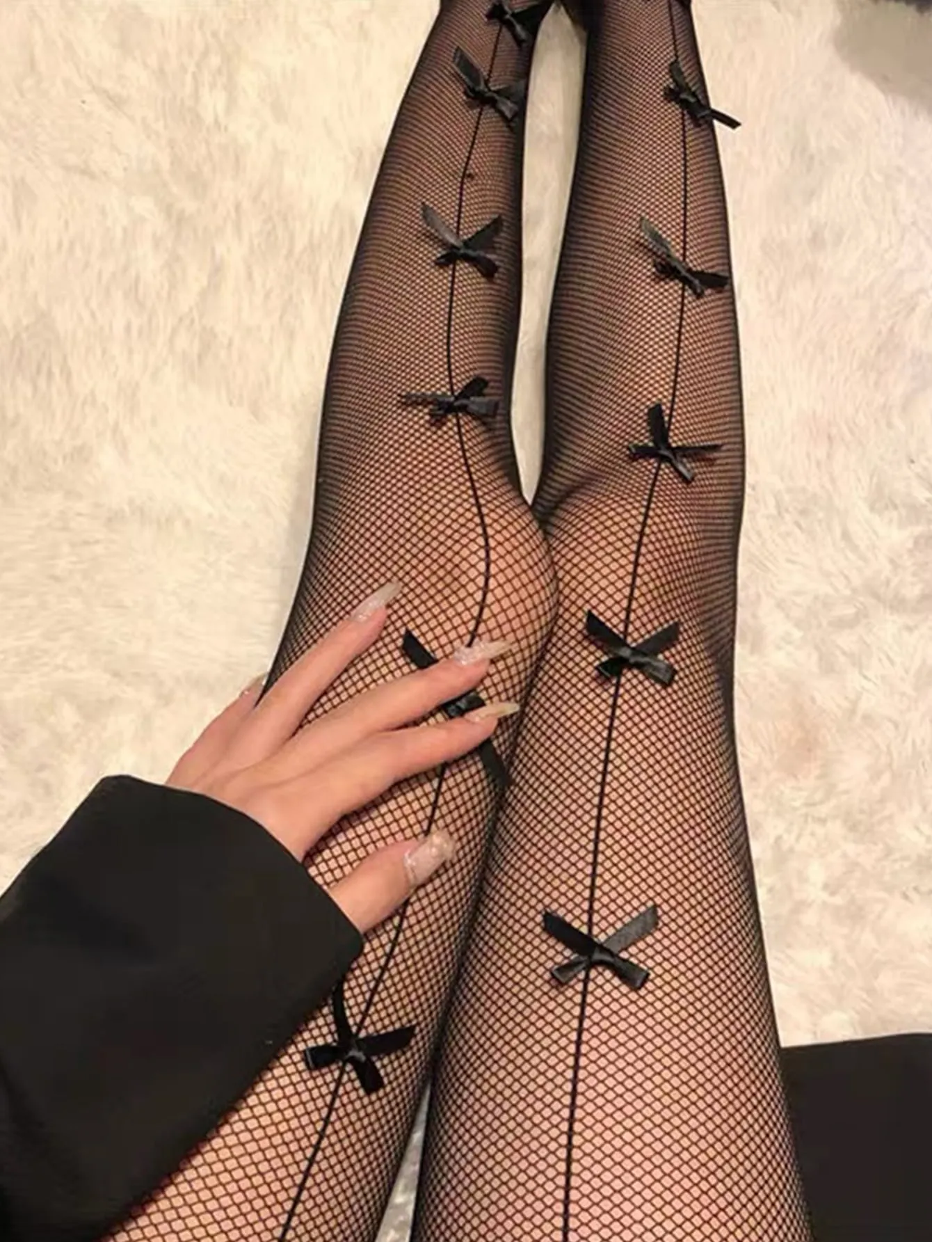 Bow Decor Fishnet Tights -Black