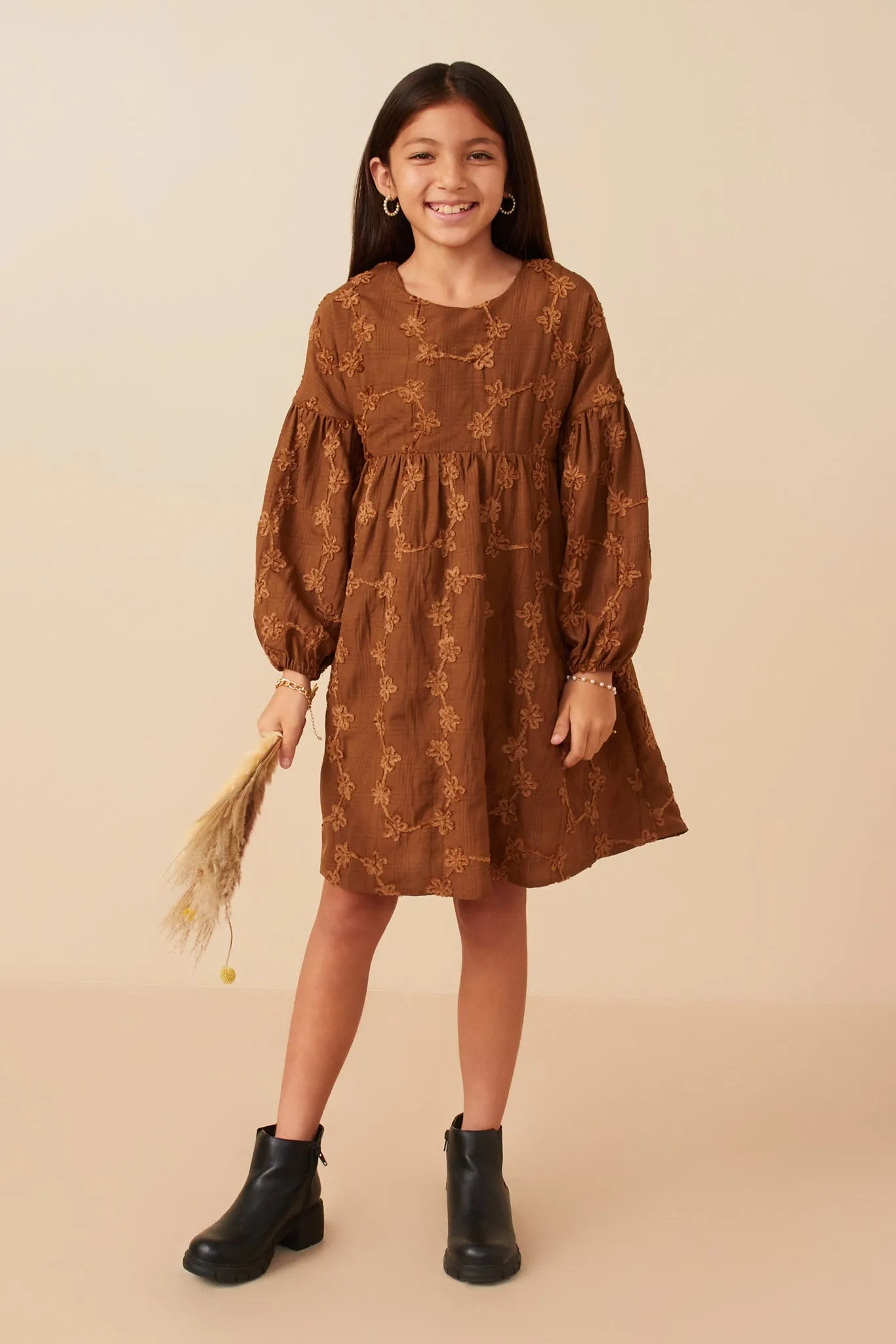 Brushed Floral Detailed Long Sleeve Dress