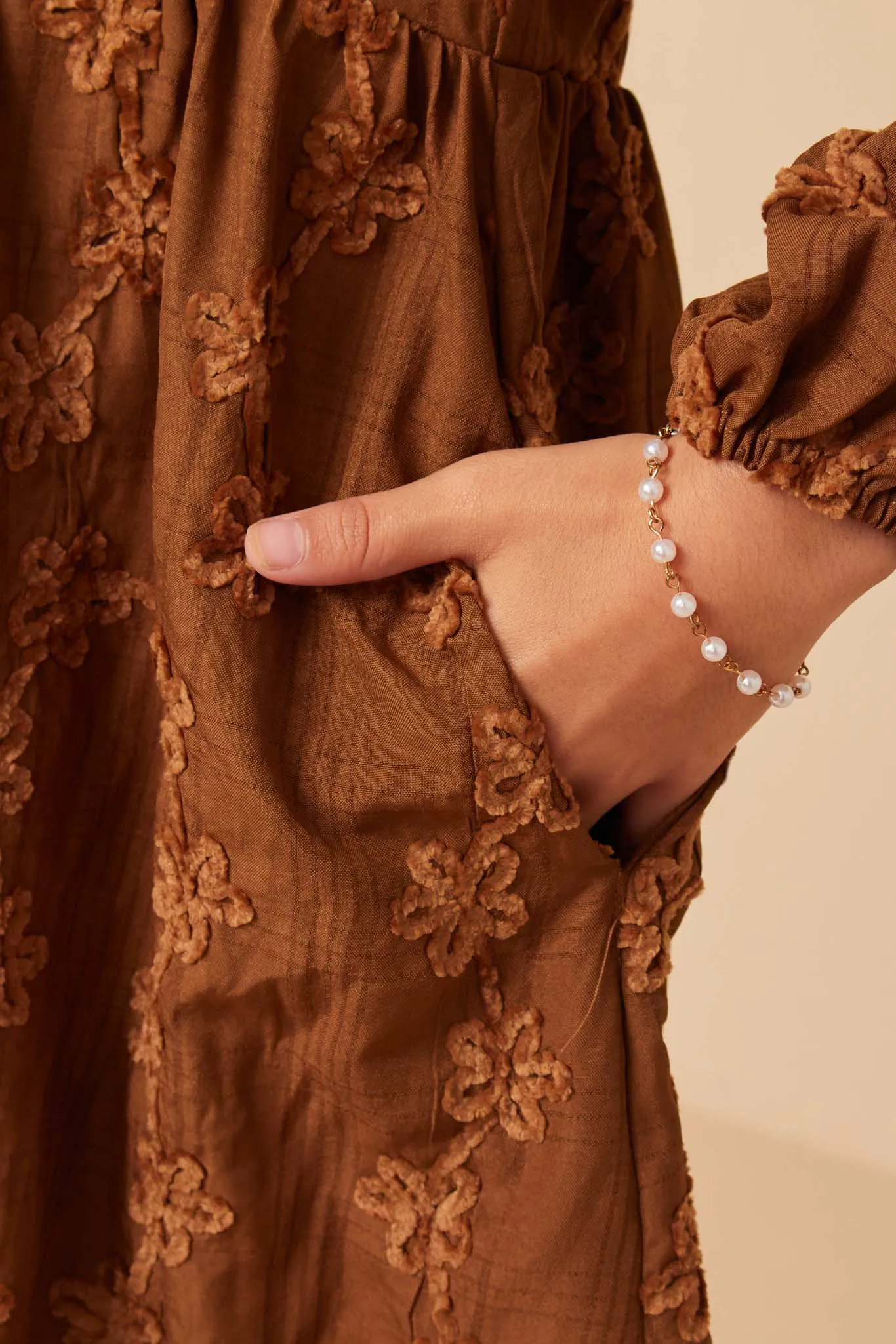 Brushed Floral Detailed Long Sleeve Dress