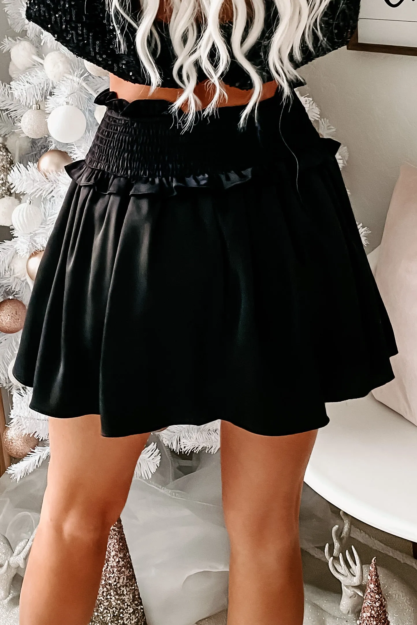 Catch Me There Smocked Satin Skort (Black)