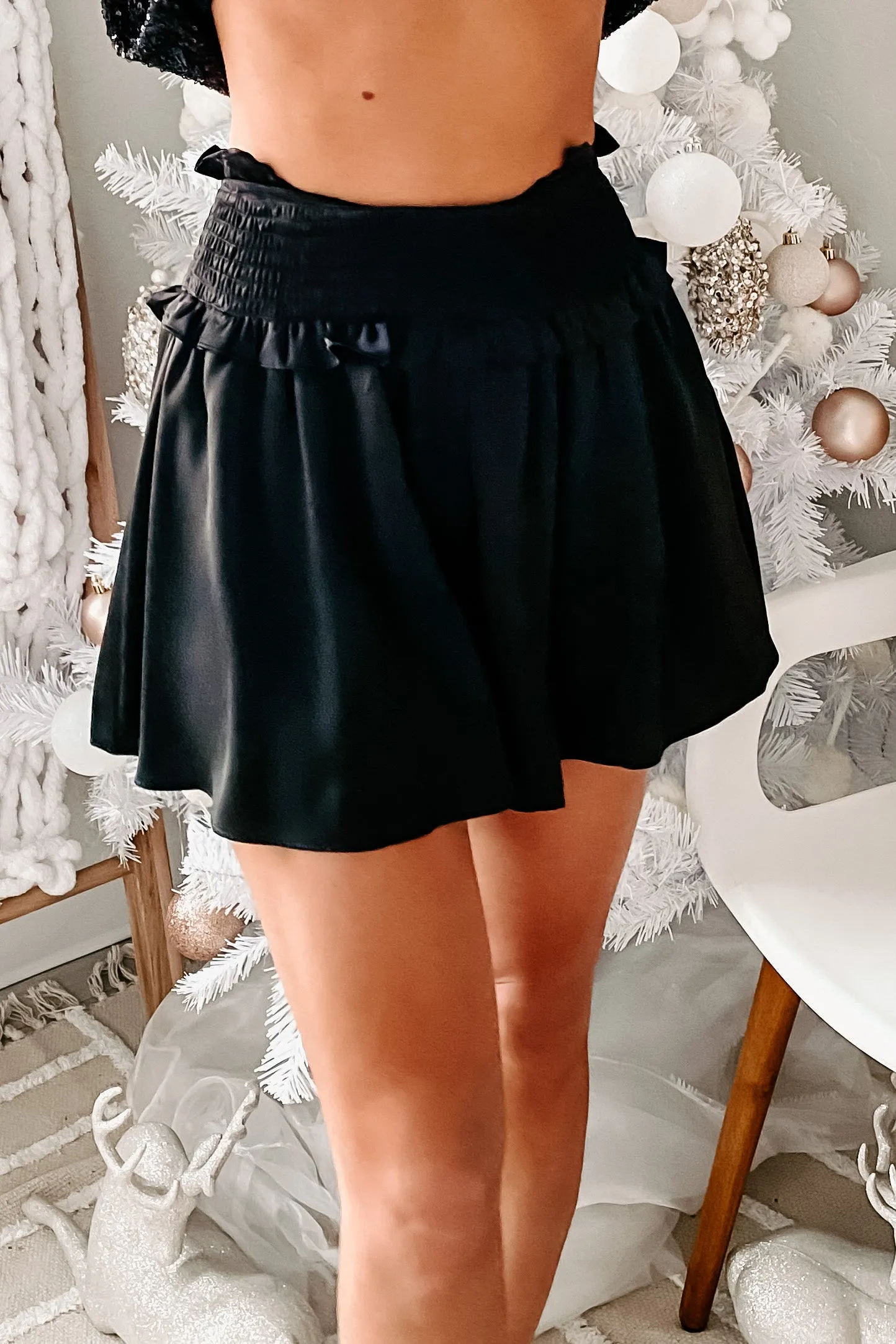 Catch Me There Smocked Satin Skort (Black)