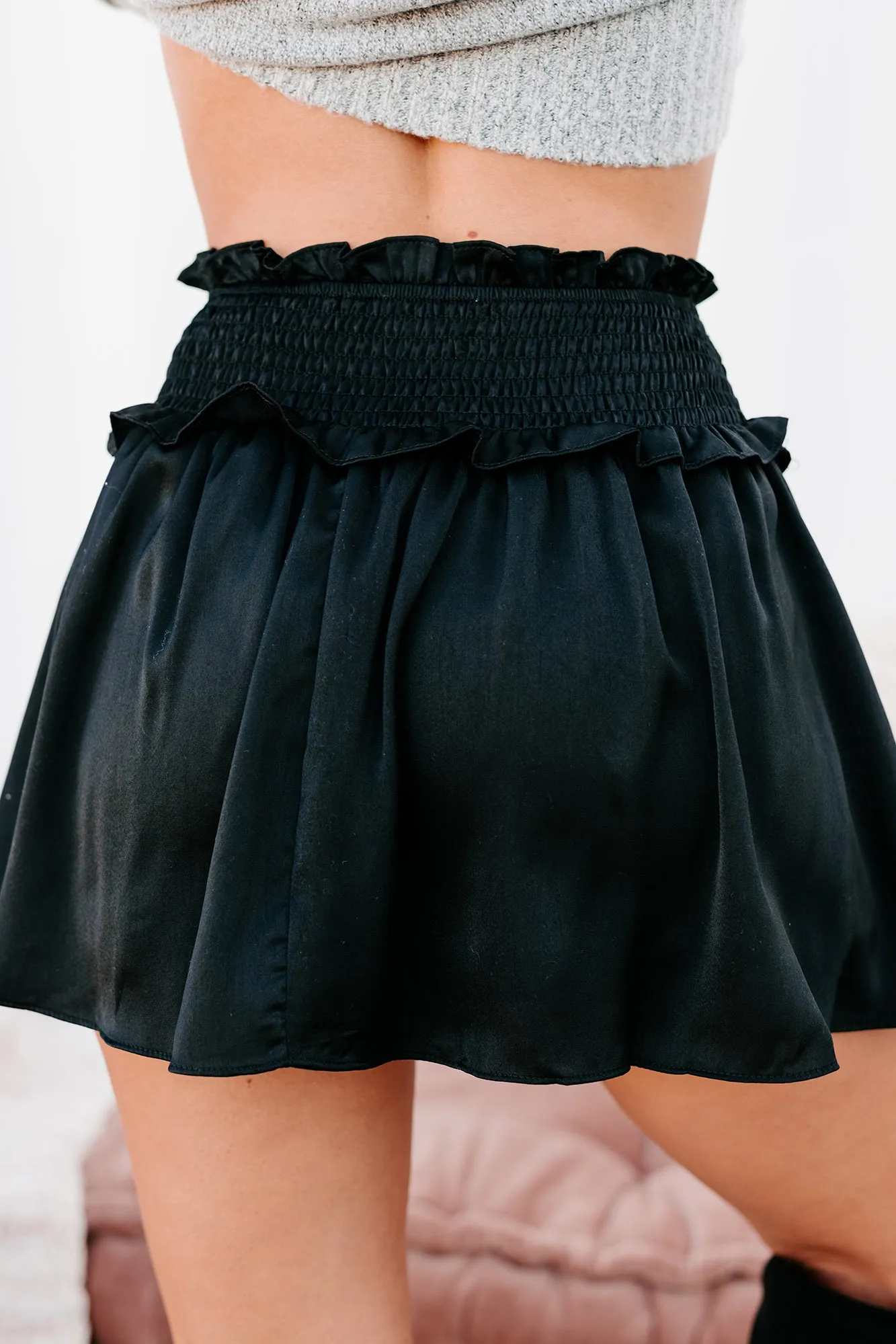 Catch Me There Smocked Satin Skort (Black)