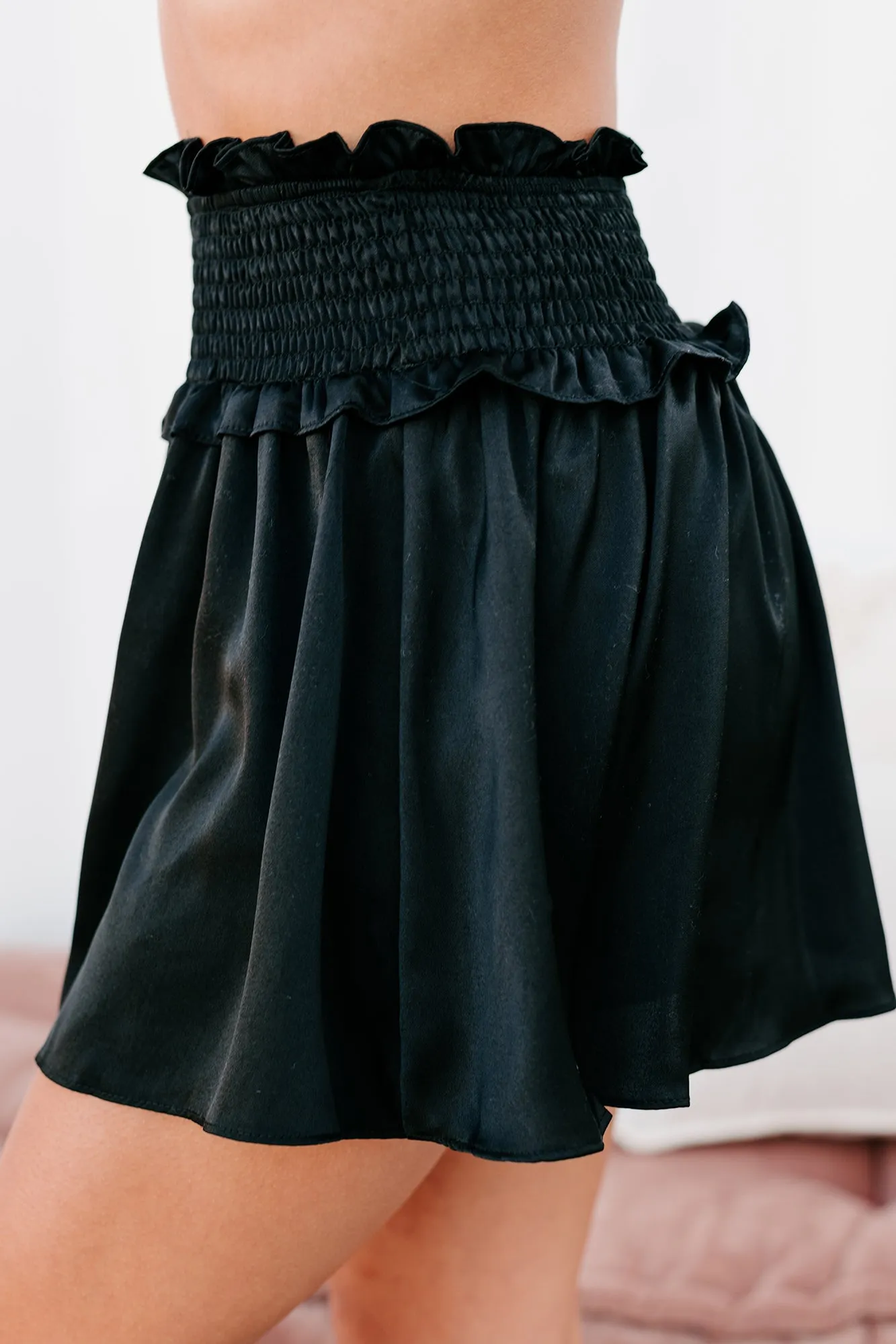 Catch Me There Smocked Satin Skort (Black)