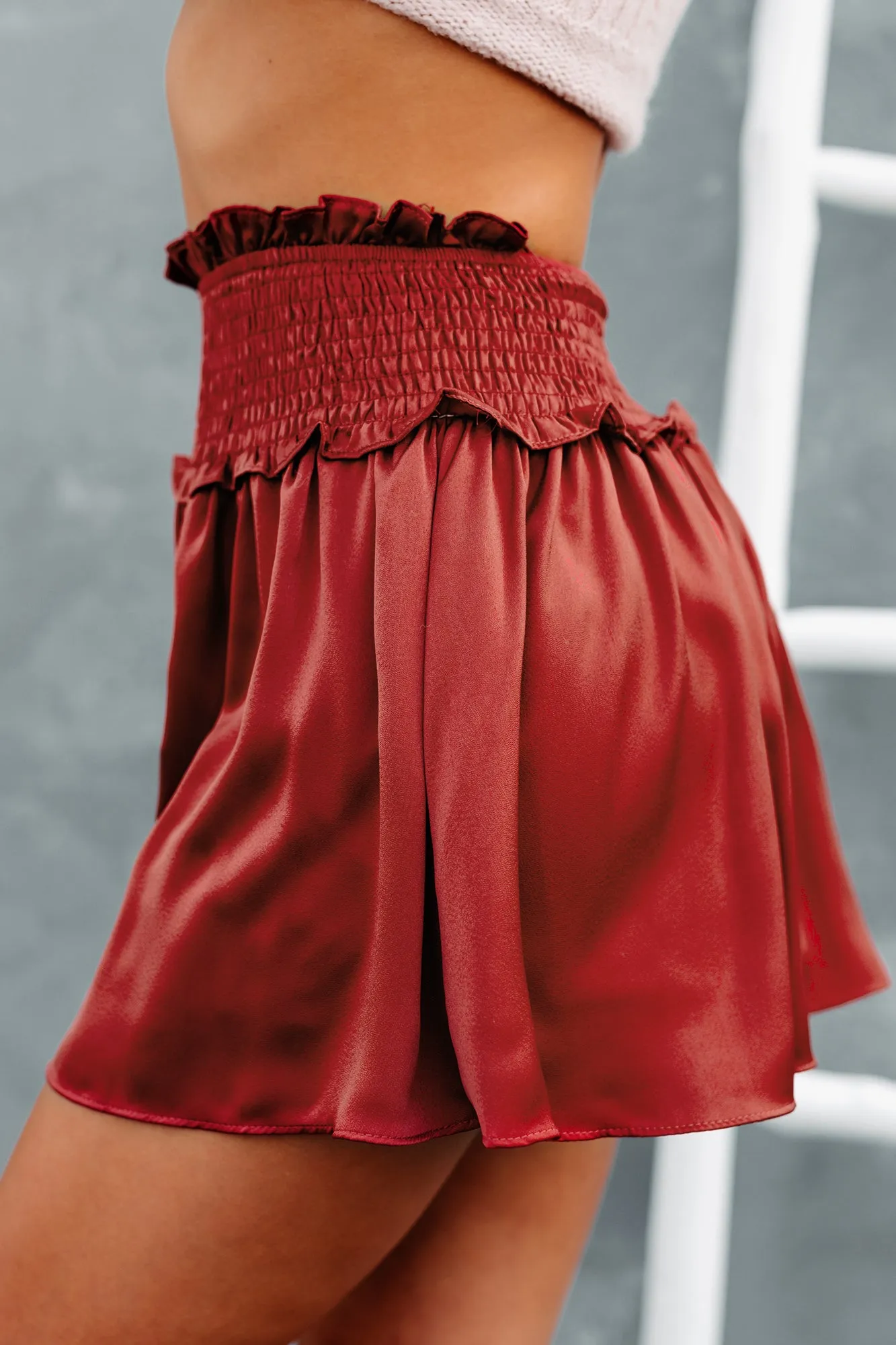 Catch Me There Smocked Satin Skort (Brick)