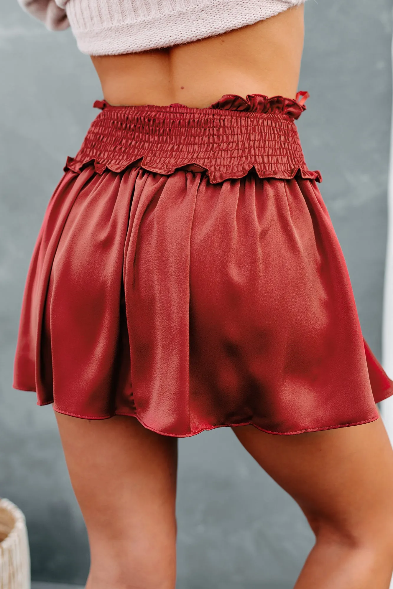 Catch Me There Smocked Satin Skort (Brick)