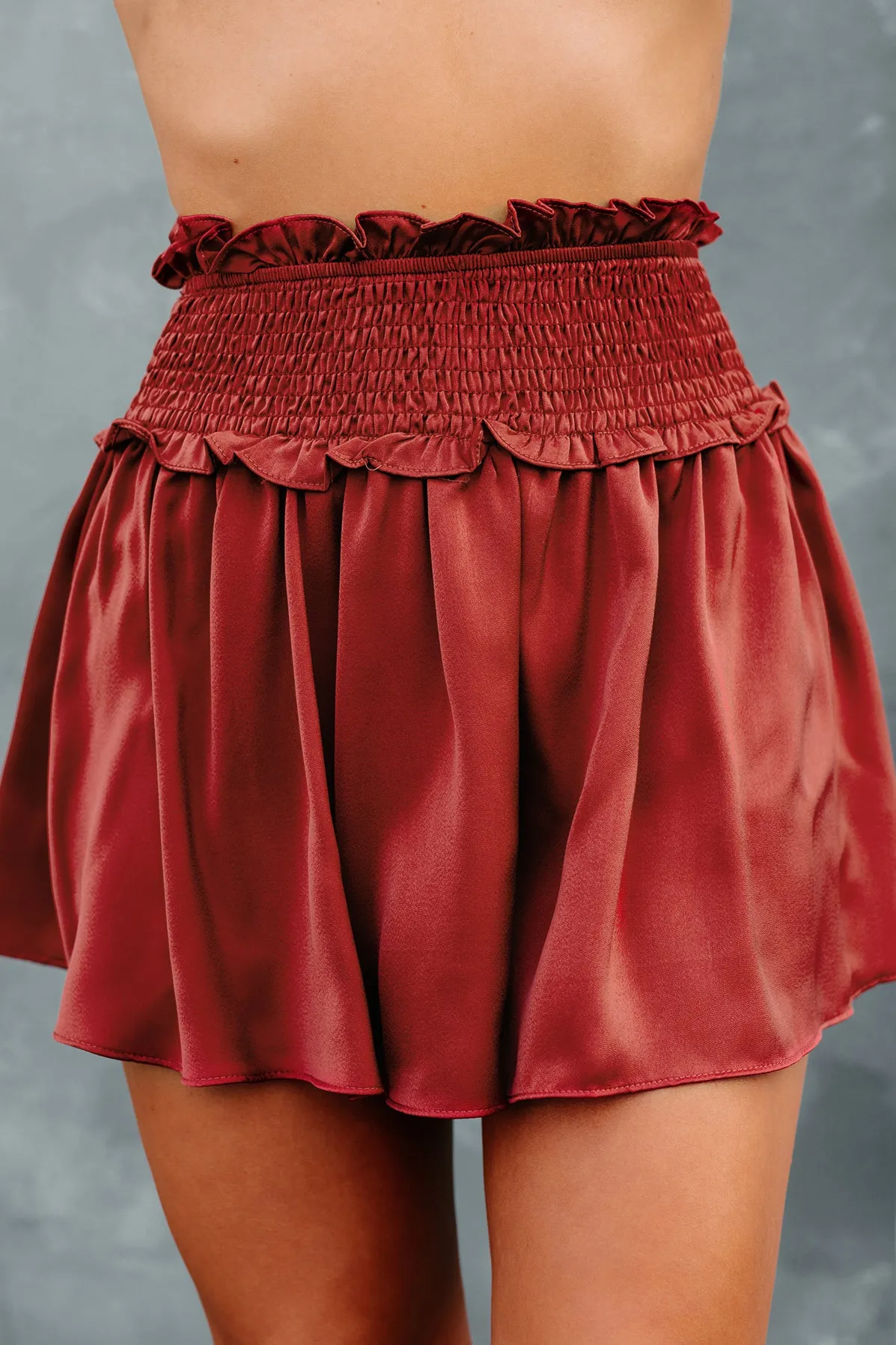 Catch Me There Smocked Satin Skort (Brick)