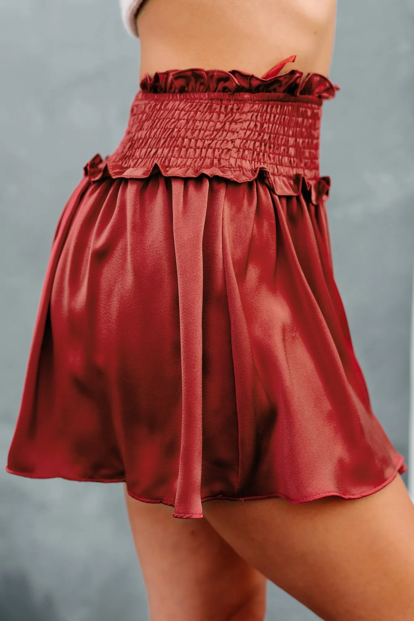 Catch Me There Smocked Satin Skort (Brick)