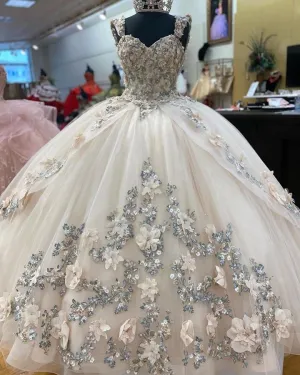 Champagne Quinceanera Dress Floral Embroidery 3D Lace Tulle Skirts Ball Gown Sweet 16 vestidos de quinceañera AW2207221