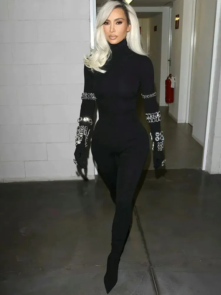 Chic Women Luxury Sexy Long Sleeve Turtleneck Beading Sparkly Black Bandage Jumpsuit 2023 Celebrity Designer High Street Rompers