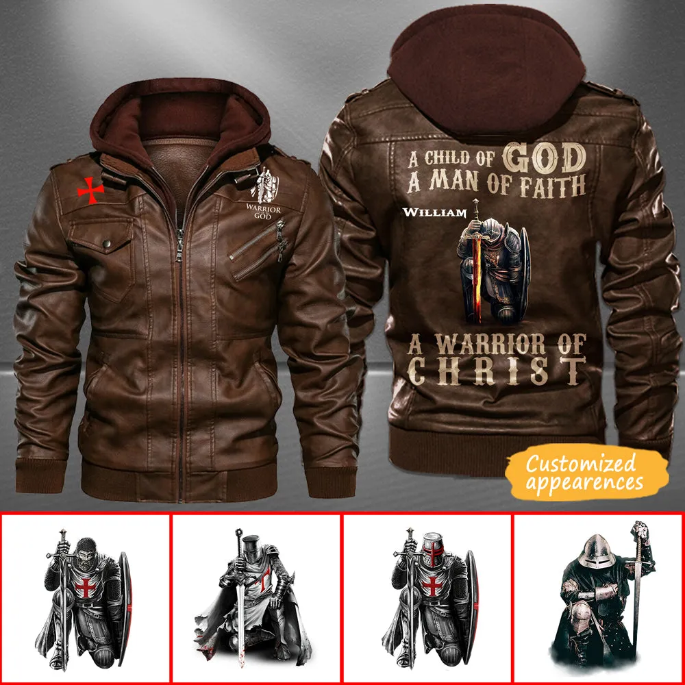 Christianartbag Leather Jacket - A Child Of God - A Man Of Fath - A Warrior Of Christ Personalized Leather Jacket - Warm Jacket - Winter Outer Wear - Gift for Him - CABJKL01061123.