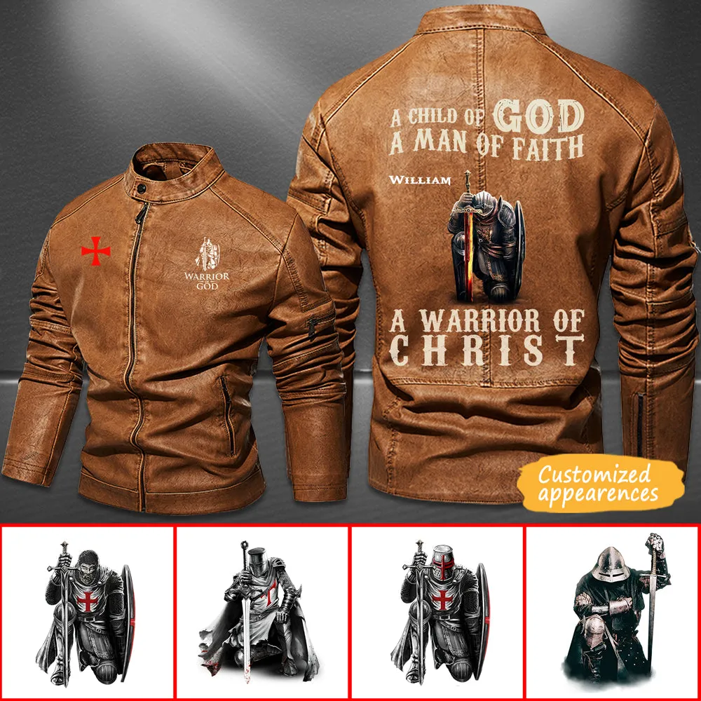 Christianartbag Leather Jacket - A Child Of God - A Man Of Fath - A Warrior Of Christ Personalized Leather Jacket - Warm Jacket - Winter Outer Wear - Gift for Him - CABJKL01061123.