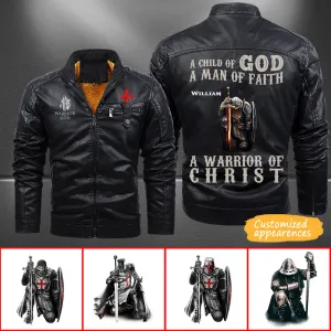 Christianartbag Leather Jacket - A Child Of God - A Man Of Fath - A Warrior Of Christ Personalized Leather Jacket - Warm Jacket - Winter Outer Wear - Gift for Him - CABJKL01061123.