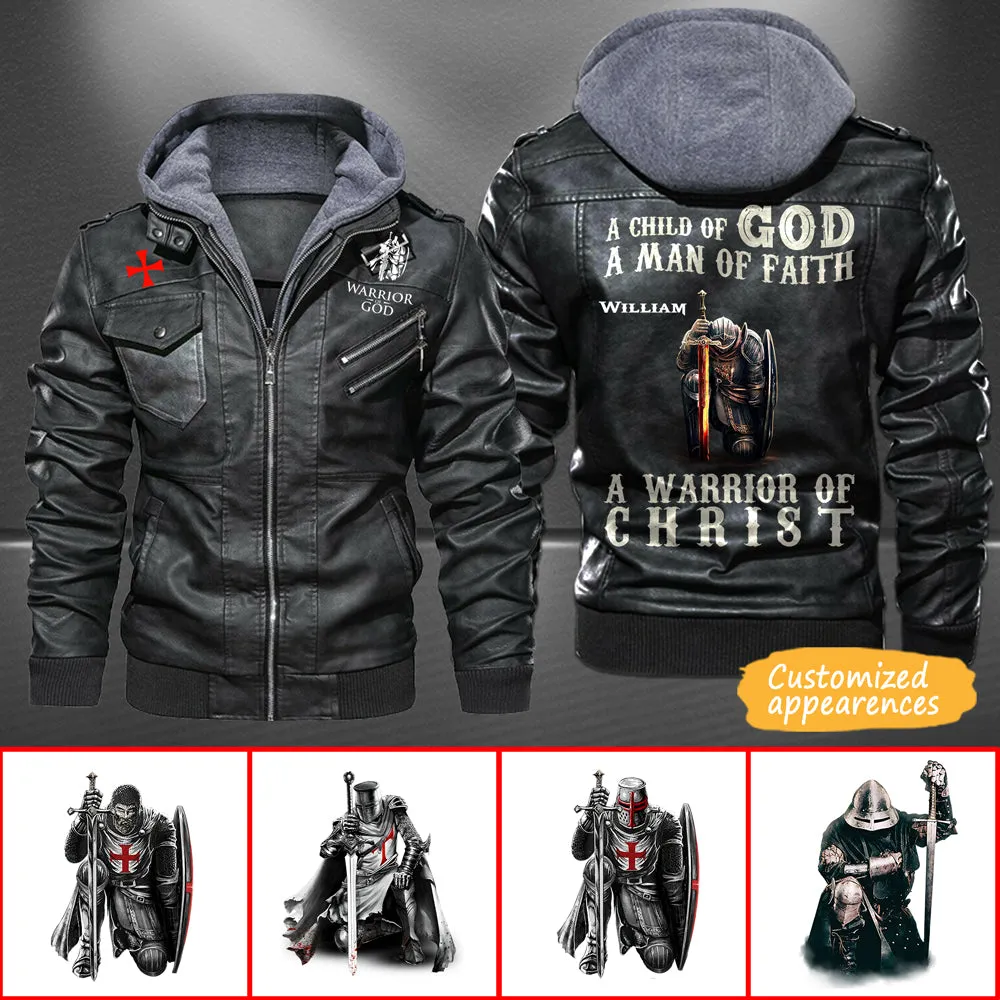 Christianartbag Leather Jacket - A Child Of God - A Man Of Fath - A Warrior Of Christ Personalized Leather Jacket - Warm Jacket - Winter Outer Wear - Gift for Him - CABJKL01061123.