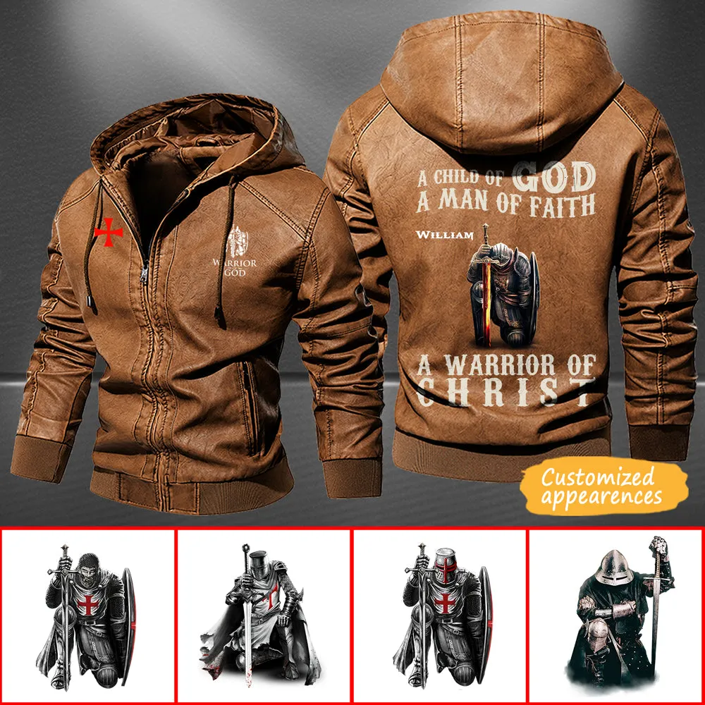 Christianartbag Leather Jacket - A Child Of God - A Man Of Fath - A Warrior Of Christ Personalized Leather Jacket - Warm Jacket - Winter Outer Wear - Gift for Him - CABJKL01061123.