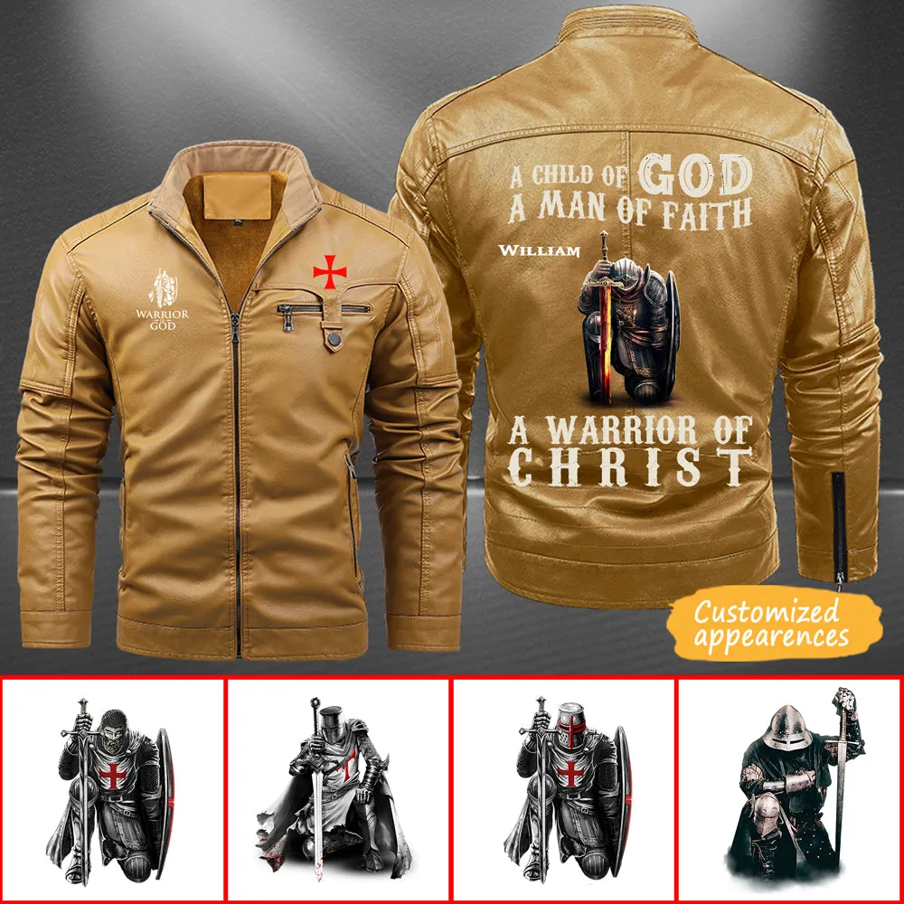 Christianartbag Leather Jacket - A Child Of God - A Man Of Fath - A Warrior Of Christ Personalized Leather Jacket - Warm Jacket - Winter Outer Wear - Gift for Him - CABJKL01061123.