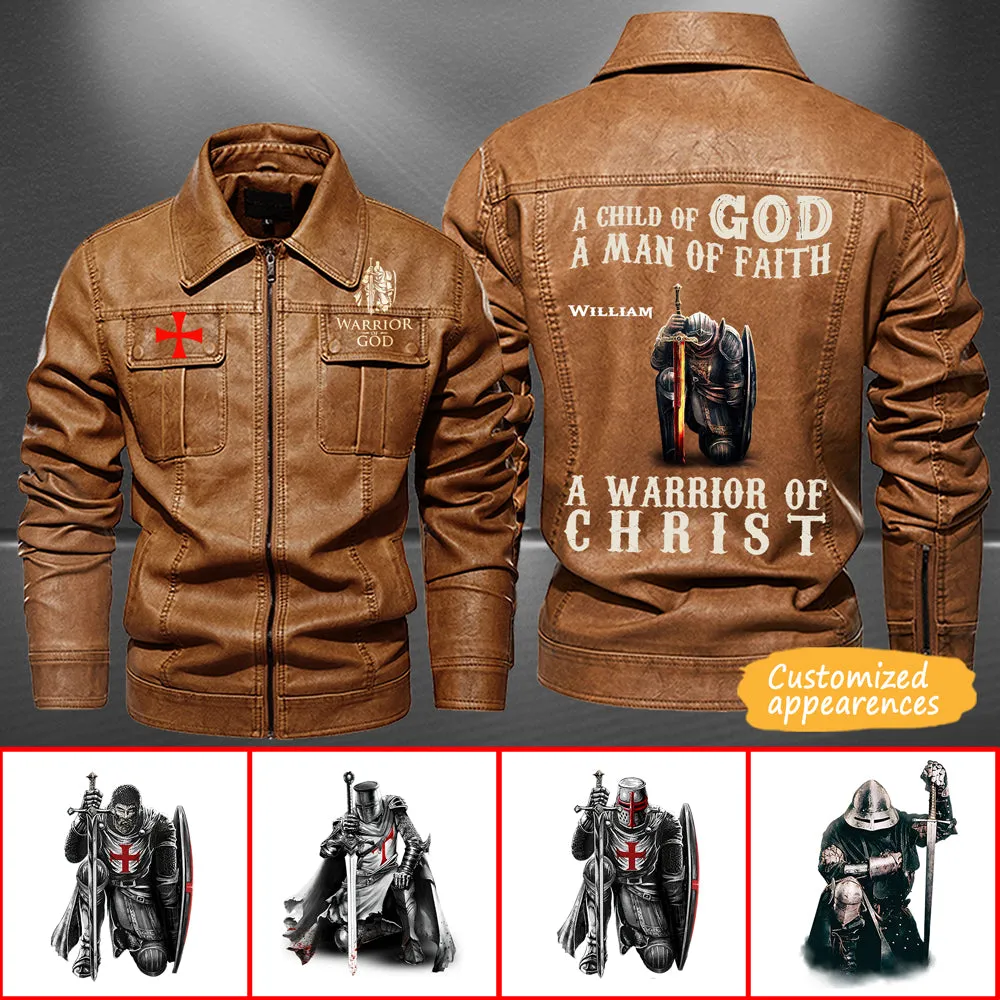 Christianartbag Leather Jacket - A Child Of God - A Man Of Fath - A Warrior Of Christ Personalized Leather Jacket - Warm Jacket - Winter Outer Wear - Gift for Him - CABJKL01061123.