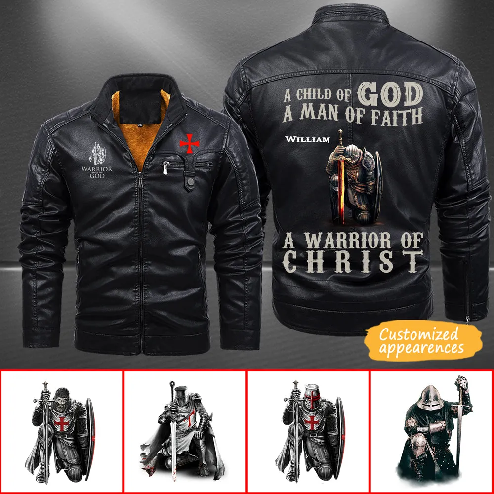 Christianartbag Leather Jacket - A Child Of God - A Man Of Fath - A Warrior Of Christ Personalized Leather Jacket - Warm Jacket - Winter Outer Wear - Gift for Him - CABJKL01061123.