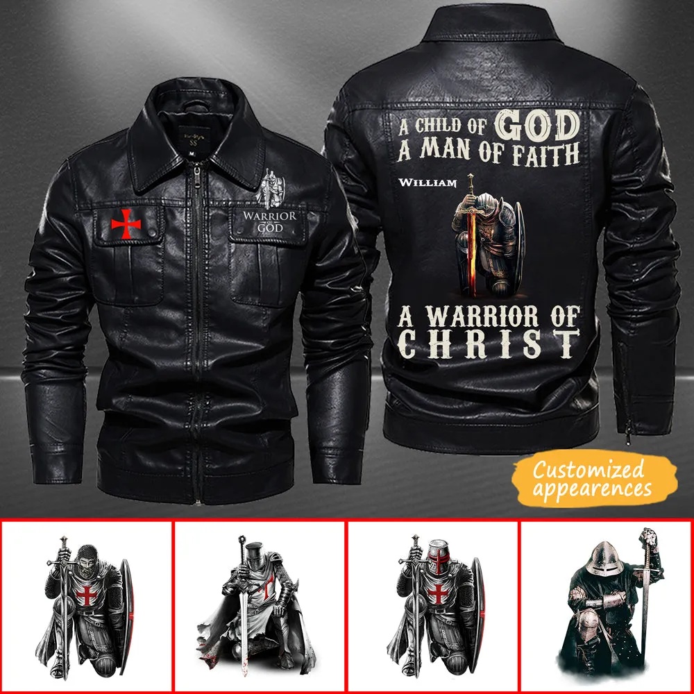 Christianartbag Leather Jacket - A Child Of God - A Man Of Fath - A Warrior Of Christ Personalized Leather Jacket - Warm Jacket - Winter Outer Wear - Gift for Him - CABJKL01061123.
