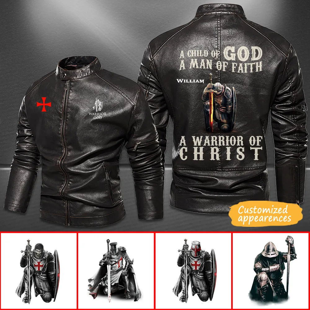 Christianartbag Leather Jacket - A Child Of God - A Man Of Fath - A Warrior Of Christ Personalized Leather Jacket - Warm Jacket - Winter Outer Wear - Gift for Him - CABJKL01061123.