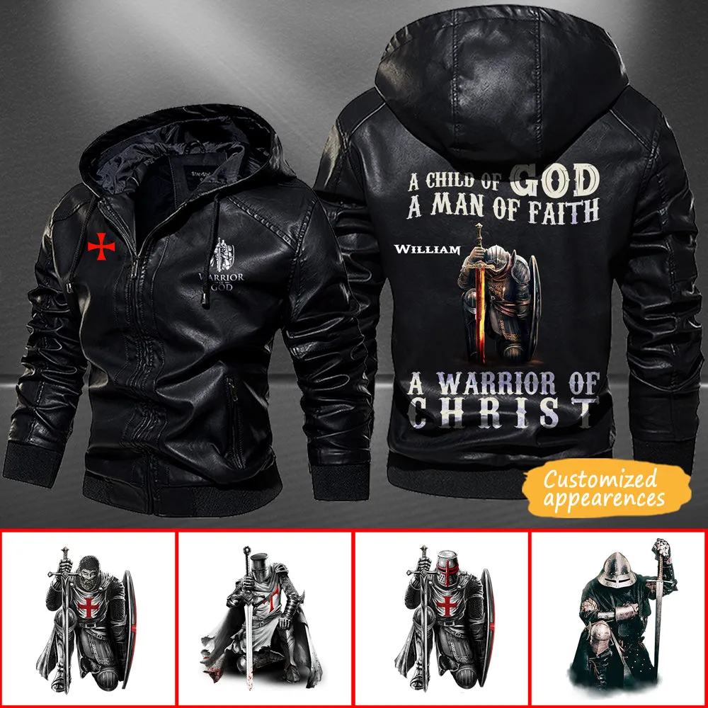 Christianartbag Leather Jacket - A Child Of God - A Man Of Fath - A Warrior Of Christ Personalized Leather Jacket - Warm Jacket - Winter Outer Wear - Gift for Him - CABJKL01061123.