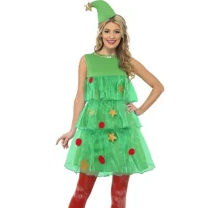 Christmas Tree Costume Adult Green Red Dress Hat