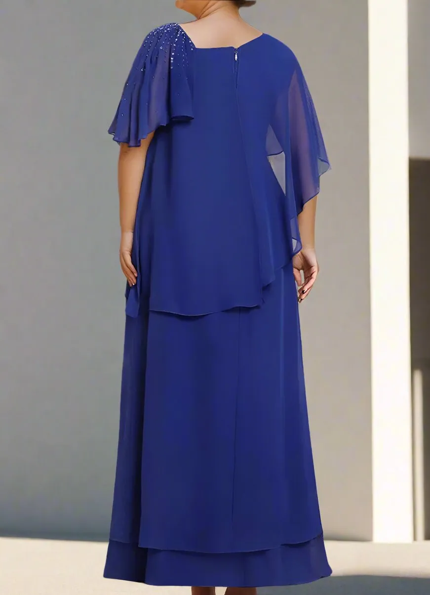 Column Chiffon Asymmetrical Short Sleeves Mother of The Bride Dresses