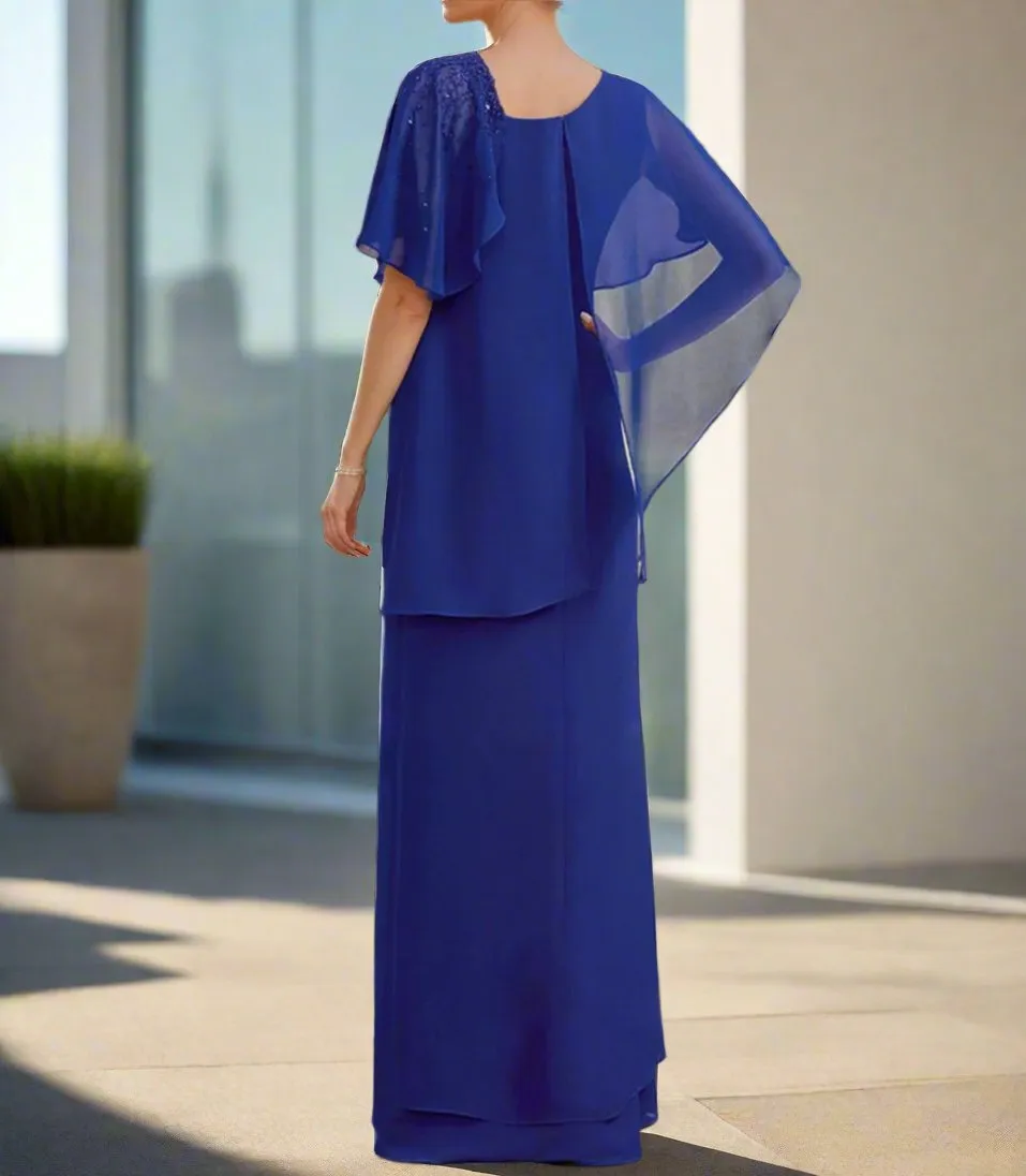 Column Chiffon Asymmetrical Short Sleeves Mother of The Bride Dresses