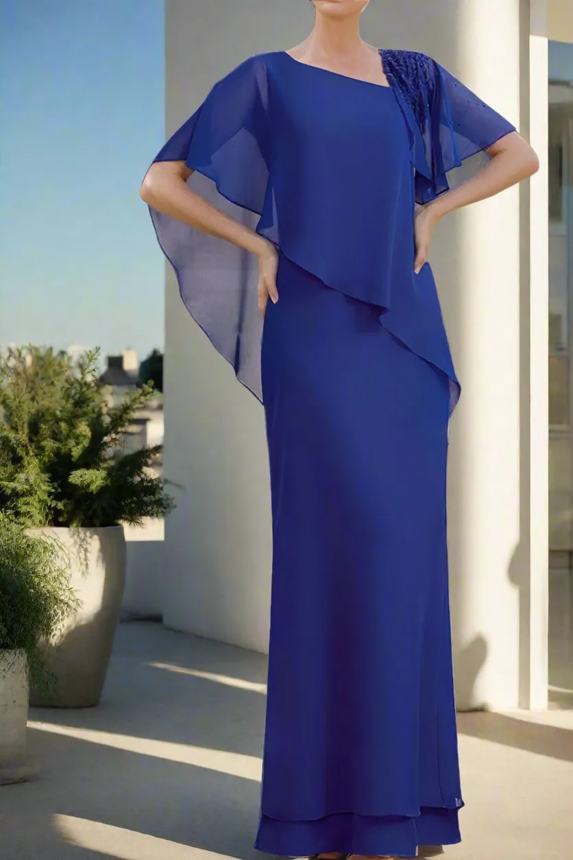 Column Chiffon Asymmetrical Short Sleeves Mother of The Bride Dresses