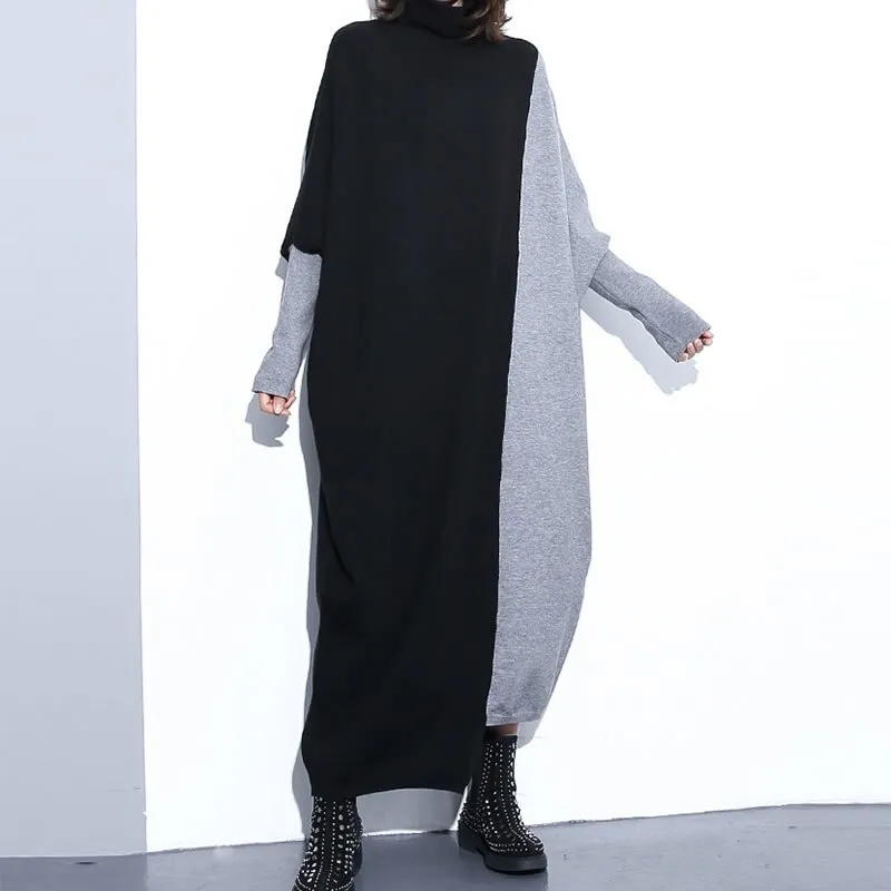 Contrast Color Asymmetrical Wome Turtleneck Loose Dresses