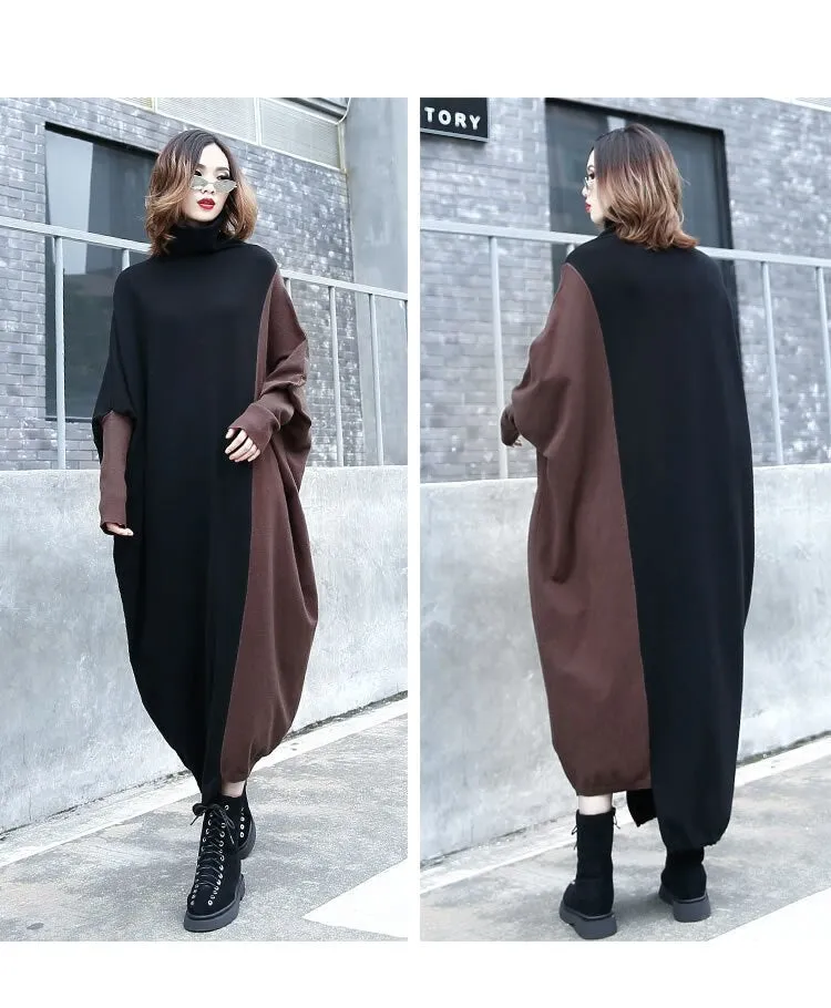 Contrast Color Asymmetrical Wome Turtleneck Loose Dresses