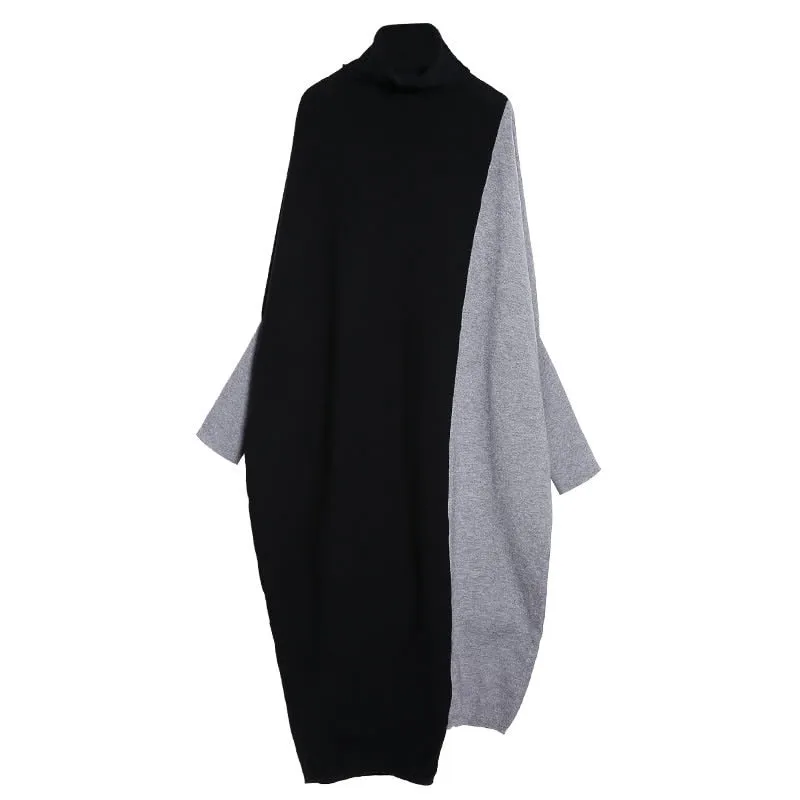 Contrast Color Asymmetrical Wome Turtleneck Loose Dresses