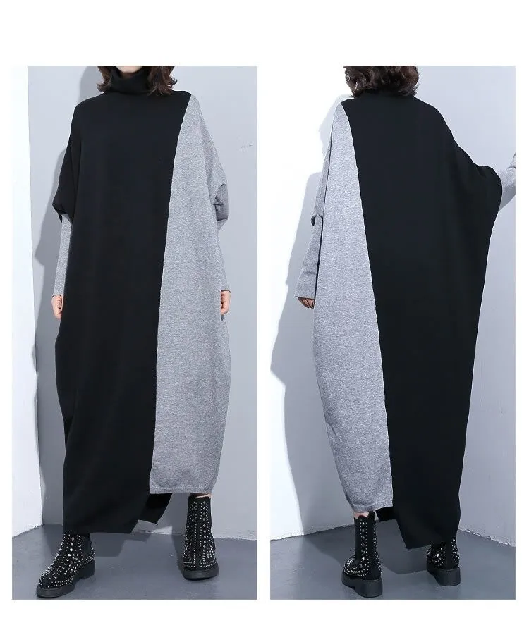 Contrast Color Asymmetrical Wome Turtleneck Loose Dresses