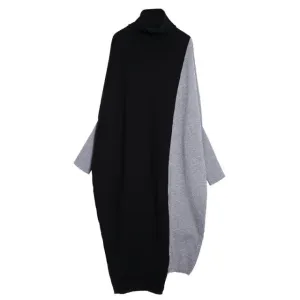 Contrast Color Asymmetrical Wome Turtleneck Loose Dresses