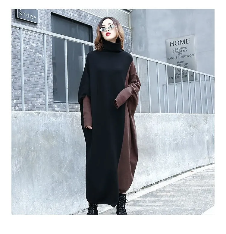 Contrast Color Asymmetrical Wome Turtleneck Loose Dresses