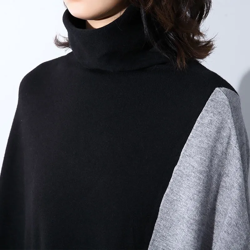Contrast Color Asymmetrical Wome Turtleneck Loose Dresses