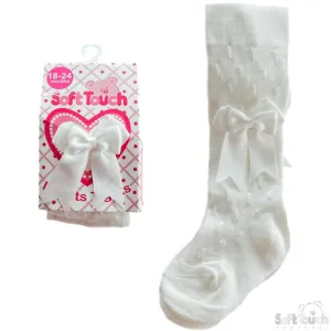 Cream Shiny Tights W/Double Bow: (T40-C) NB-12 Months