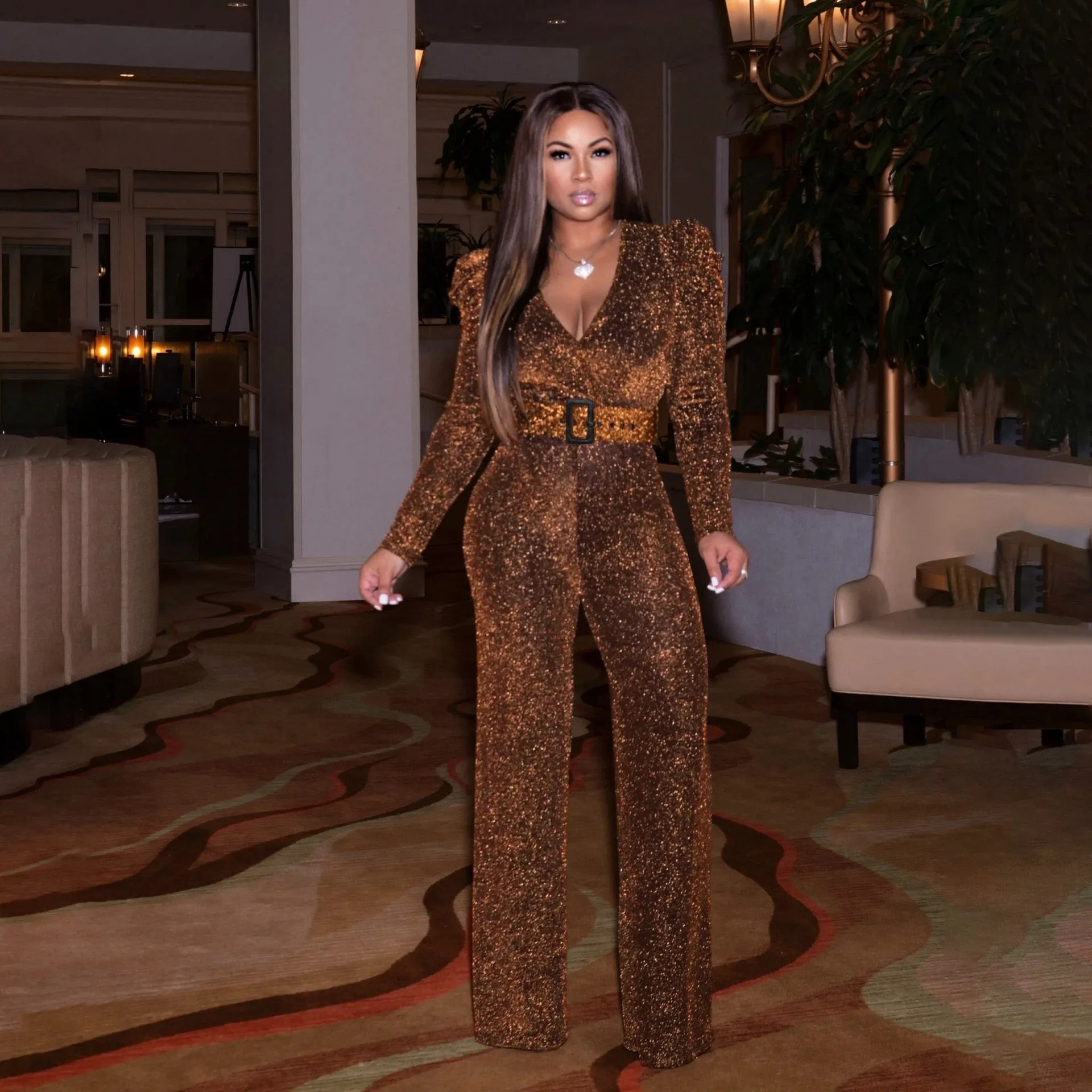 creamtopmall Women's   Sparkly Jumpsuits Plus Size Elegant Clubwear Long Sleeve Wide Leg Pants Rompers With Belt