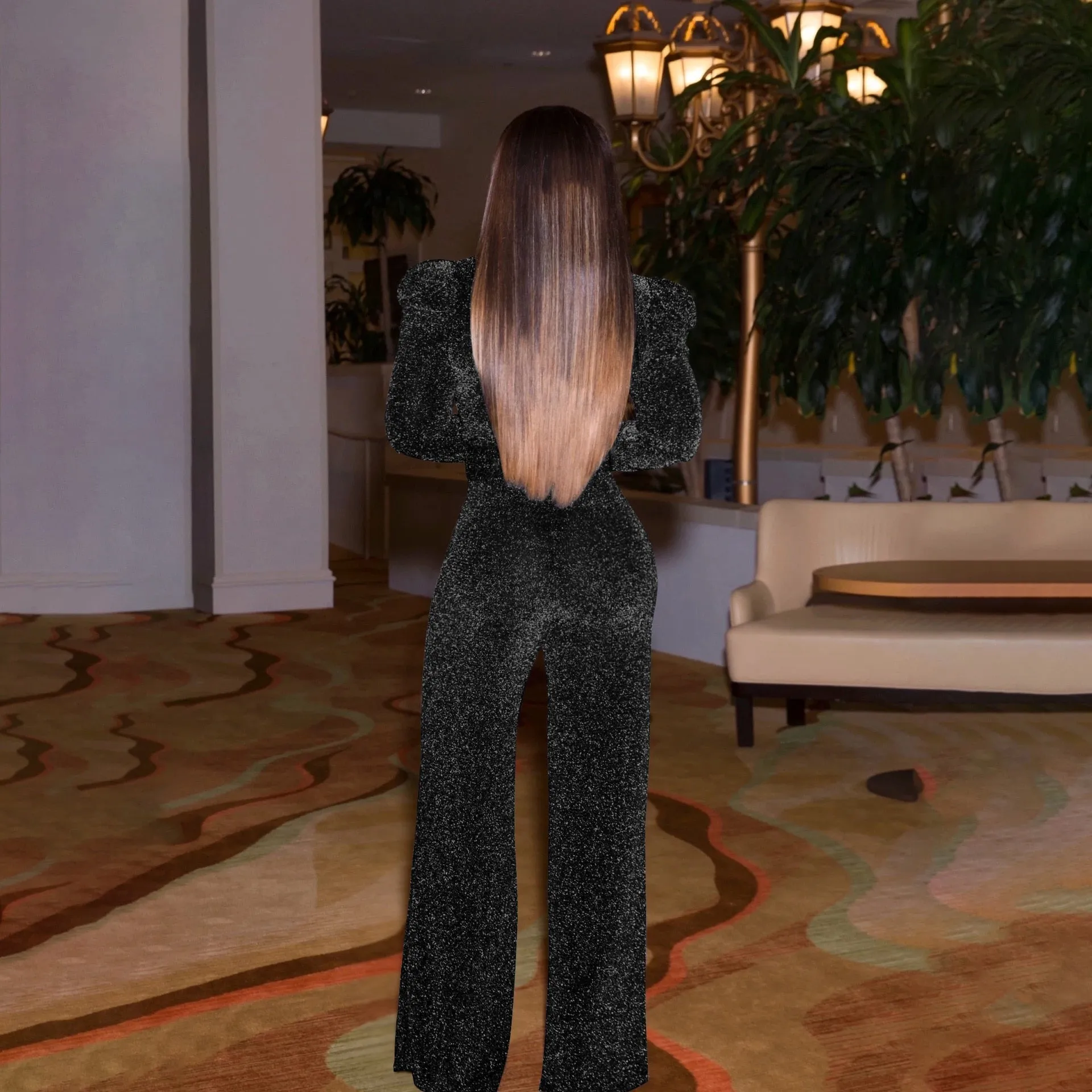 creamtopmall Women's   Sparkly Jumpsuits Plus Size Elegant Clubwear Long Sleeve Wide Leg Pants Rompers With Belt