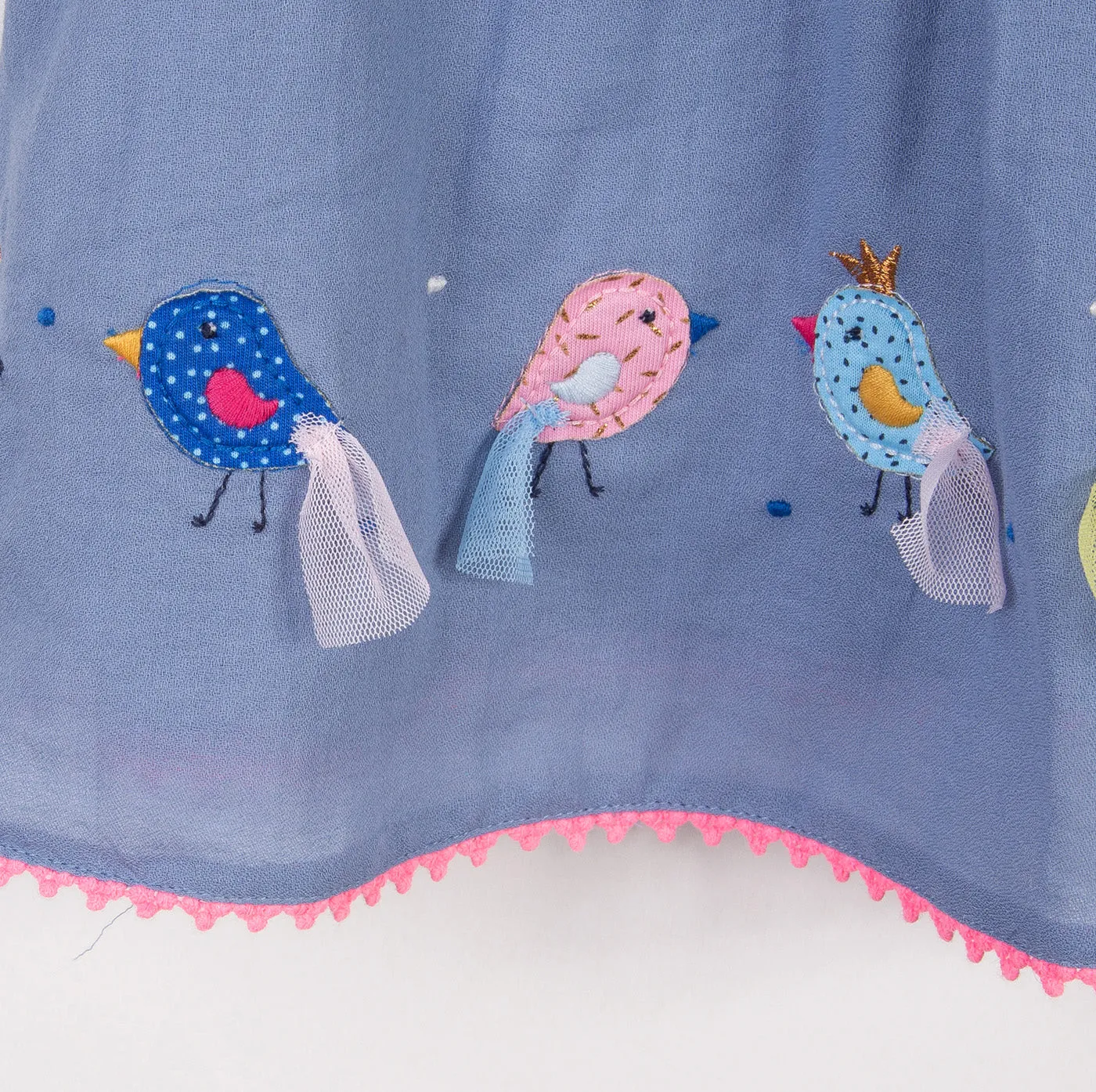 Crepe Dress with Ruffles and Bird Patches