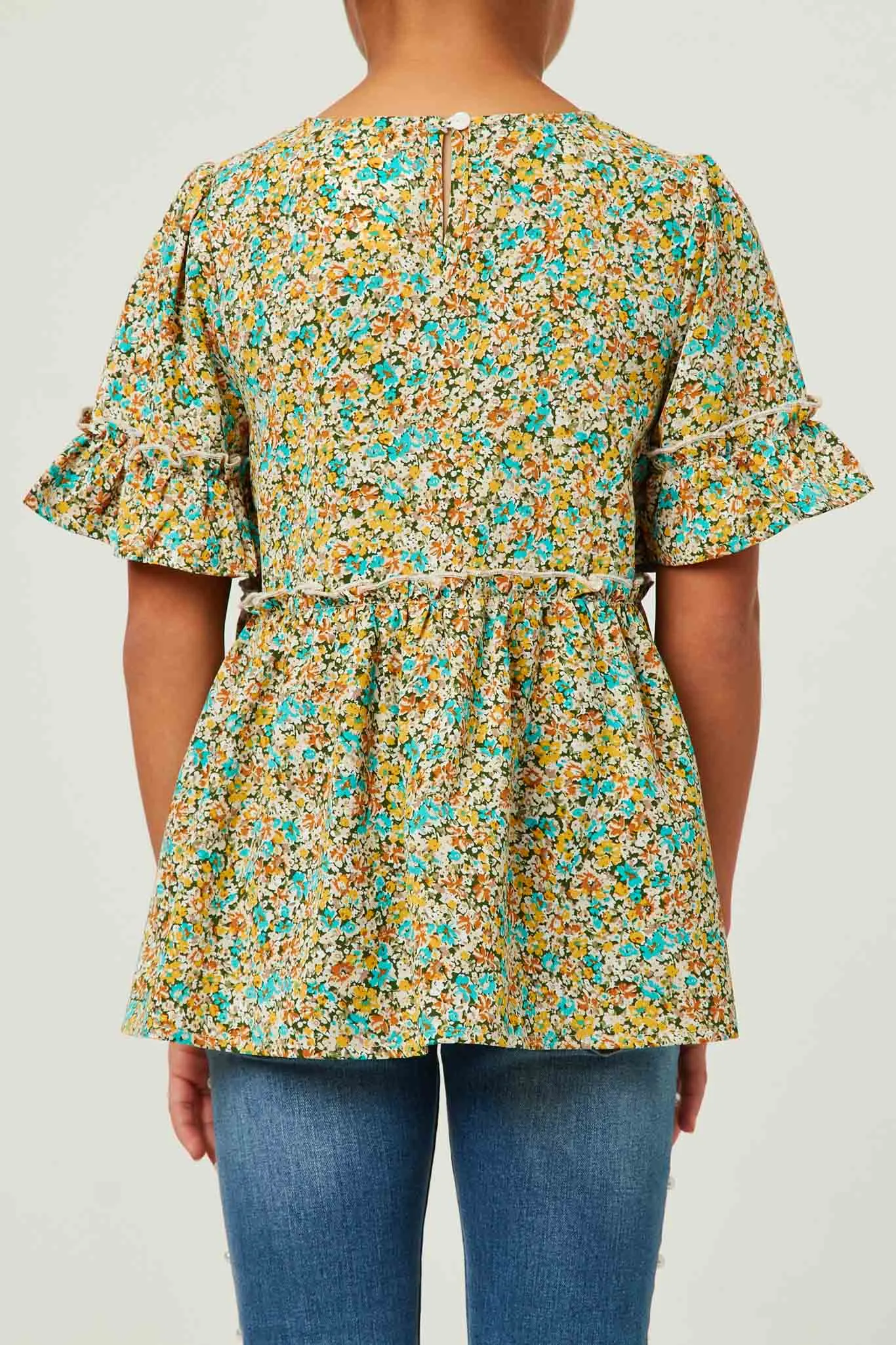 Crinkle Floral Ruffle Sleeve Top