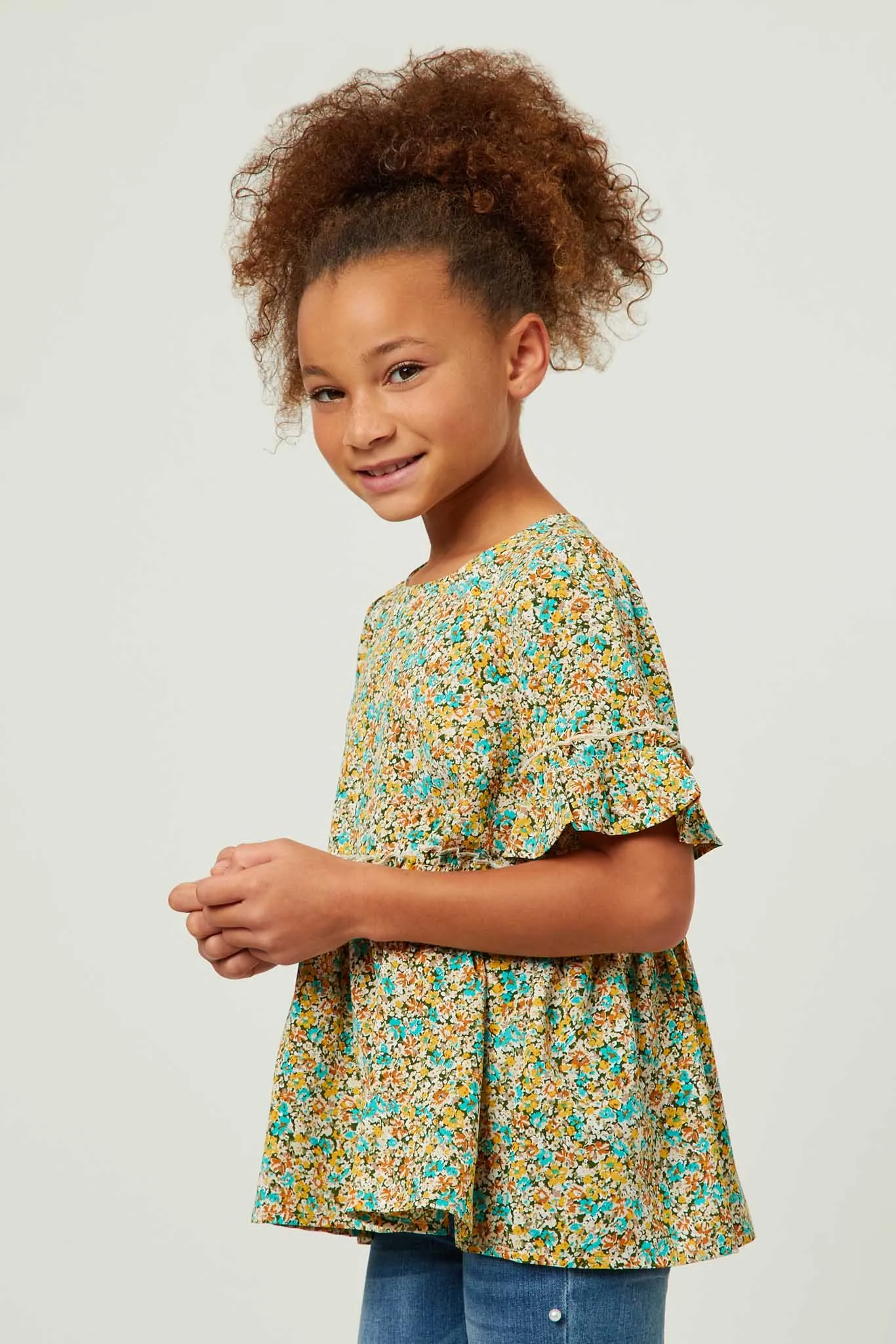 Crinkle Floral Ruffle Sleeve Top